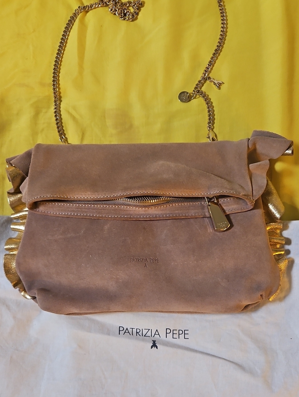 New Patrizia Pepe Taupe Suede Crossbody with Gold Trim